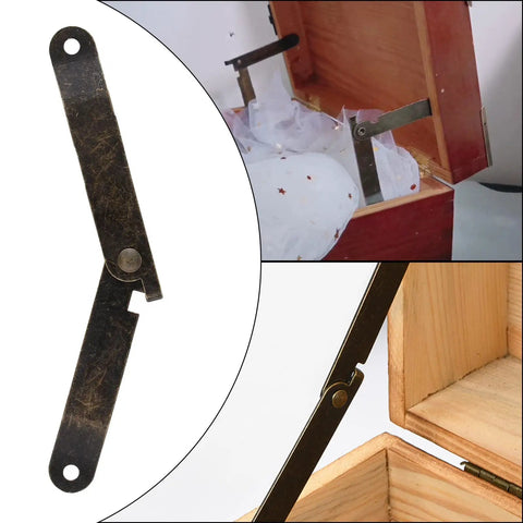 Close-up of bronze lid support hinges set with mounting screws, left and right folding lift up stay hinges for furniture cabinets and chests.