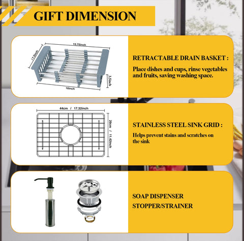 Diagram showing dimensions and components of Black Stainless Steel Kitchen Sink 20 By 16 Inch Single Bowl Drop In With Gift Set