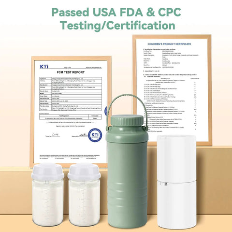Portable Breast Milk Cooler With 24 Hour 360 Chill Technology 22 Oz No Ice Pack Nursing Bottle for Fresh Breastmilk and testing certificates.