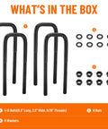 Extended Square Bend U Bolts Four Pack For One To Two Inch Lift Applications Eight And A Half Inch Long And Two And A Half Inch Wide With Nine Sixteenth Inch Threads And Hardware For Heavy Duty Spring Assembly with nuts and washers.