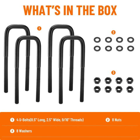 Extended Square Bend U Bolts Four Pack For One To Two Inch Lift Applications Eight And A Half Inch Long And Two And A Half Inch Wide With Nine Sixteenth Inch Threads And Hardware For Heavy Duty Spring Assembly with nuts and washers.