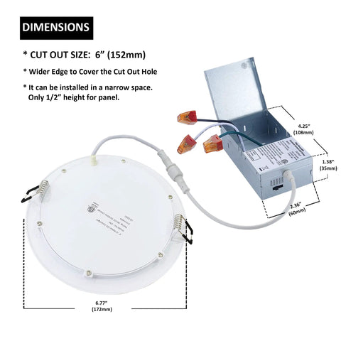 Slim LED Canless Recessed Downlight 6 Inch, 12W, dimensions and junction box visible