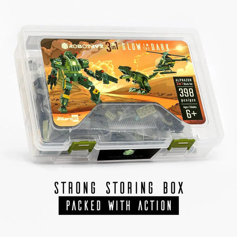Robot Army Buildable Mech Soldier Toy Set With Glow In The Dark Parts, plastic storage box with 398-piece 3-in-1 kit