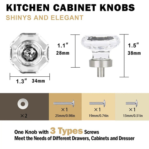 Crystal Glass Dresser Cabinet Knobs 8 Pack Brushed Nickel Octagon Pulls with screw sizes for versatile installation