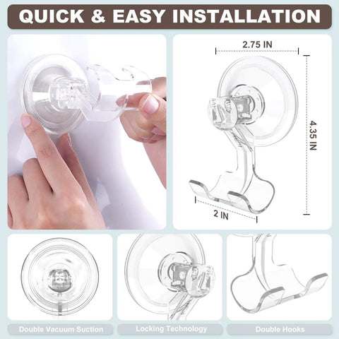 Clear Suction Cup Razor Holder 2-Pack For Shower installed on tile, showing dimensions, double hooks, and strong grip