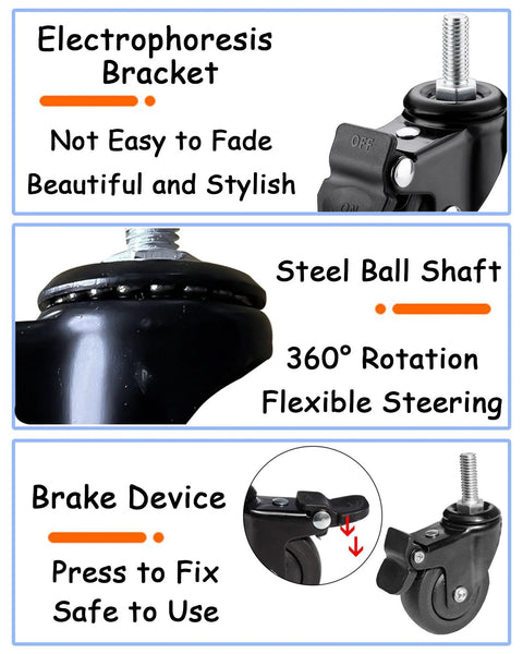Close-up of 1 Inch Mini Swivel Caster Wheels Set With M6x15mm Threaded Stem Silent TPE Rubber Brake Rollers, highlighting features.