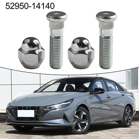 Premium Wheel Lug Stud Kit M12x1.5 For Hyundai Sonata Elantra Santa Fe And Kia Optima Sorento With Solid Steel Replace Bolts 28mm Hex 21mm, shown with two studs and two lug nuts