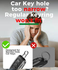 Man frustrated with regular keyring, Titanium Alloy Car Key Chain Ring With Mini Key Shackle And Small Screwdriver For Narrow Hole Car Keys shown.