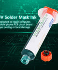 Green solder mask ink tube for PCB repair with curing light set displayed against circuitry background