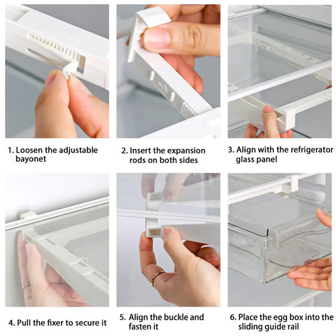 Fridge Egg Holder Drawer Organizer For Easy Egg Storage installation steps for sliding under 0.6-inch refrigerator shelves.