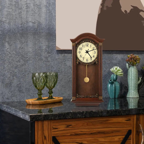Wooden wall clock with gold pendulum on marble countertop, part of Metal Pendulum Clock Replacement Part, 5.90 Inch Wall Clock Accessory.