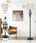 Farmhouse Floor Lamp With Night Light And Retro Vibe, Black Tall Standing Light For Living Room, 170cm metal pole with fabric shade