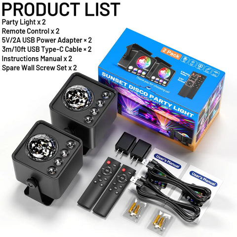 2 Pack Sunset Lamp Disco Ball Party Lights With Sound Activated LED Strobe And Stage Lighting, RGB Sunset Effects, UV Blacklight, White Light, Remote