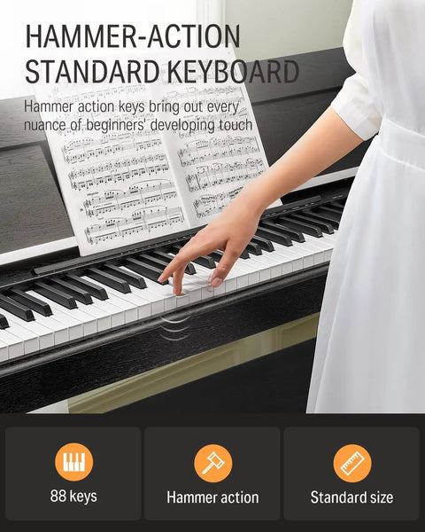 DDP-90 Pro 88 Key Weighted Digital Piano with Three Pedals, sheet music stand, focusing on hammer-action keys and player hand.