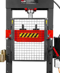 Built Tough 20 Ton H Frame Shop Press With Air And Hydraulic Power, Fully Welded Steel Frame, Safety Guard, Foot Pedal Control, And Movable Ram Head For Easy, Precise Pressing HSP20 front view with safety guard