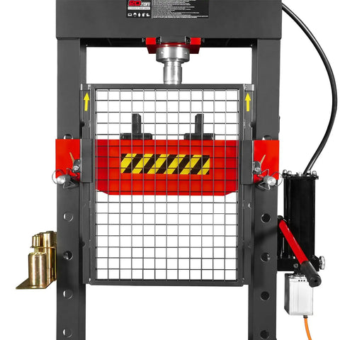Built Tough 20 Ton H Frame Shop Press With Air And Hydraulic Power, Fully Welded Steel Frame, Safety Guard, Foot Pedal Control, And Movable Ram Head For Easy, Precise Pressing HSP20 front view with safety guard