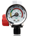 One Quarter Inch Air Regulator With Gauge 0-140 Psi For Spray Guns And Paint Sprayers, front view with red dial