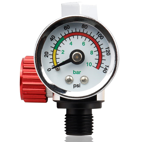 One Quarter Inch Air Regulator With Gauge 0-140 Psi For Spray Guns And Paint Sprayers, front view with red dial