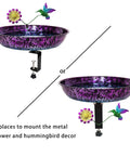 Premium Heavy Duty Deck Mounted Bird Bath With Secure Detachable Clamp For Railings Balconies showing purple bowl and decorative flower.