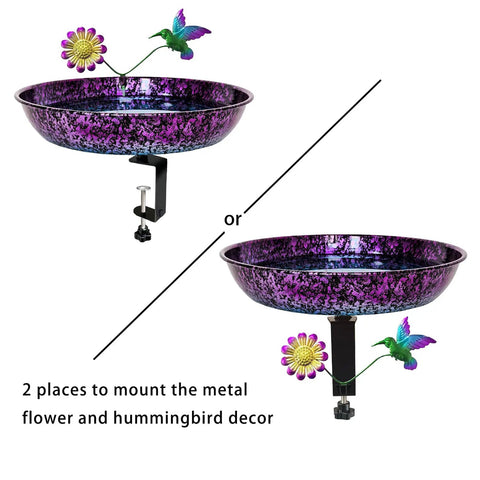 Premium Heavy Duty Deck Mounted Bird Bath With Secure Detachable Clamp For Railings Balconies showing purple bowl and decorative flower.
