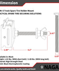 Dimensions and specifications of E Track Spare Tire Holder Mount with high-strength steel and black coating.