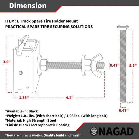 Dimensions and specifications of E Track Spare Tire Holder Mount with high-strength steel and black coating.