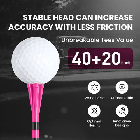 Unbreakable Plastic Golf Tees Set Pro Grade With Long And Short Options Two And Three Quarters Inch Or Three And A Quarter Inch Forty Pack Plus Twenty Pack Five Prong High Visibility Pink Striped Tees For Consistent Height And Reduced Friction displayed with icons highlighting value pack, unbreakable, optimal height, and innovative designs.