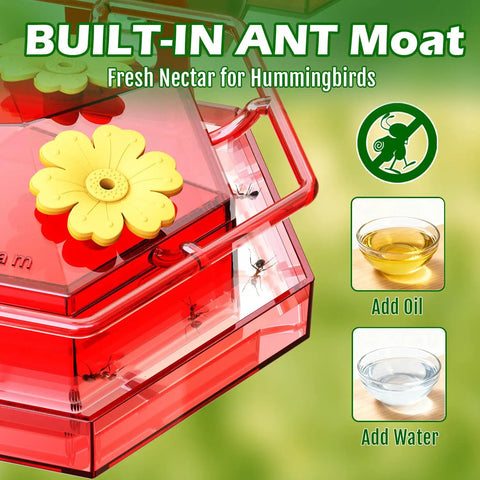 Close-up of Two Pack Window Hummingbird Feeder With Super Sturdy Suction Cups And Built In Ant Moat Easy To Clean And Refill Eight Point Eight Ounce Capacity Outdoor Red Feeders For Quick Bird Watching with built-in ant moat and flower design.