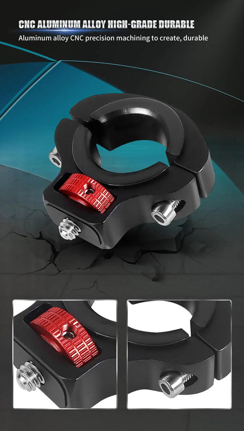 Close-up of black CNC machined aviation grade aluminum motorcycle handlebar clip mount with 1/4 inch screw for GoPro cameras.
