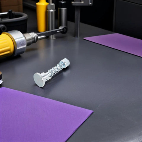 Premium Two Piece Metal Spring Loaded Forklift Locating Pin For 2 3 Ton Industrial Mast Carriage Stop Limit With Tool Free Install And Removal on workbench.