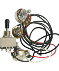 Electric Guitar Wiring Harness With 3 Way Toggle Switch 1 Volume 1 Tone Two 500K Pots Strat Style Prewired Harness For Through The Body Mount Includes Nut Washer And Switch Tip Ready To Rock product image showing components and wires.