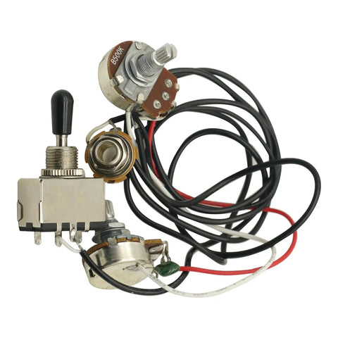 Electric Guitar Wiring Harness With 3 Way Toggle Switch 1 Volume 1 Tone Two 500K Pots Strat Style Prewired Harness For Through The Body Mount Includes Nut Washer And Switch Tip Ready To Rock product image showing components and wires.
