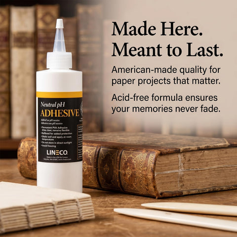 Bottle of Neutral pH All Purpose Glue For Book Binding And Crafts, 8 Oz, Acid Free Adhesive Dries Clear And Flexible, Remoistenable With Water, Fast Setting, Great For Book Repairs, Framing, Collage, Paper Art on table with books in background