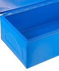 Heavy Duty Blue Metal Toolbox For Mechanics Portable Storage Case With Slick Organizer Layout Tough As Nails Build open interior view.