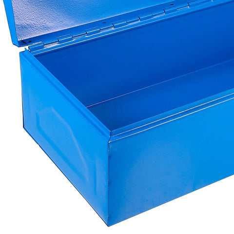 Heavy Duty Blue Metal Toolbox For Mechanics Portable Storage Case With Slick Organizer Layout Tough As Nails Build open interior view.
