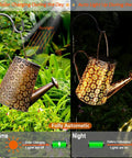 Daynight view of Solar Garden Lights Outdoor Hanging Lanterns With Waterproof IP65 Design, shining copper lights at night.