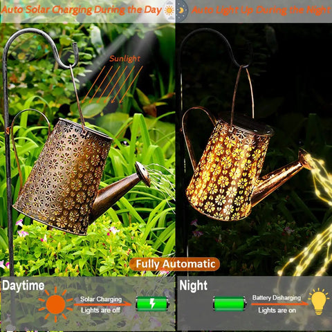 Daynight view of Solar Garden Lights Outdoor Hanging Lanterns With Waterproof IP65 Design, shining copper lights at night.