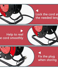 Open Cord Reel With Four Grounded Outlets, Heavy Duty Portable Hand Crank Power Cord Roller Organizer showing three usage stages