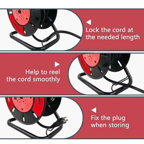 Open Cord Reel With Four Grounded Outlets, Heavy Duty Portable Hand Crank Power Cord Roller Organizer showing three usage stages
