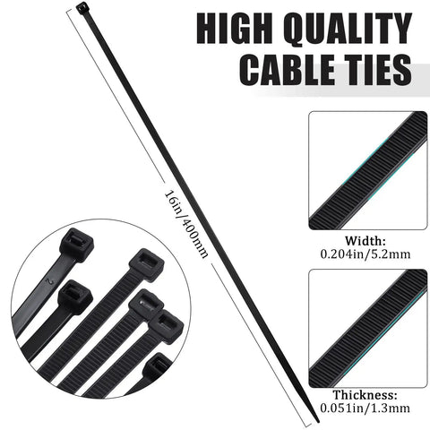500 Pack 16 Inch Nylon Cable Ties Self Locking Black Heavy Duty Zip Ties For Indoors And Outdoors Use With 60 Pound Tensile Strength UV Resistant Ideal For Farm Garden Home Workshop And Gear Organization, showing size and thickness details.