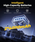 Illustration of high-capacity 4000mAh batteries with protection features for Cordless Impact Wrench With 1200 Newton Meters Breakaway Torque Half Inch Drive Brushless 21 Volt Power Tool Two 4Ah Batteries Four Speed Settings Five Sockets Heavy Duty Impact Driver For Cars Trucks Mowers.