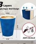 12 Oz Insulated Paper Cups With Ripple Wall For Hot Or Cold Beverages, 50 Count Blue Disposable Cups No Lids, Corrugated 3 Layer Design To Grab And Go, Great For Home, Office, Parties, Travel, Picnics And Daily Use, showing triple-layer wall design and dimensions.