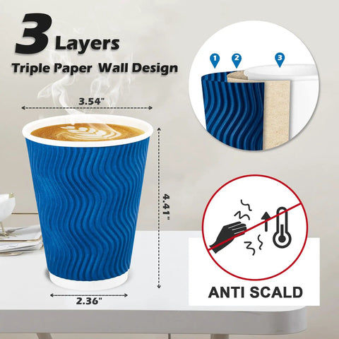 12 Oz Insulated Paper Cups With Ripple Wall For Hot Or Cold Beverages, 50 Count Blue Disposable Cups No Lids, Corrugated 3 Layer Design To Grab And Go, Great For Home, Office, Parties, Travel, Picnics And Daily Use, showing triple-layer wall design and dimensions.