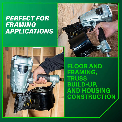 Coil Framing Nailer For One And Three Quarters To Three And One Half Inches Pro Preferred Pneumatic Framing Tool in use.