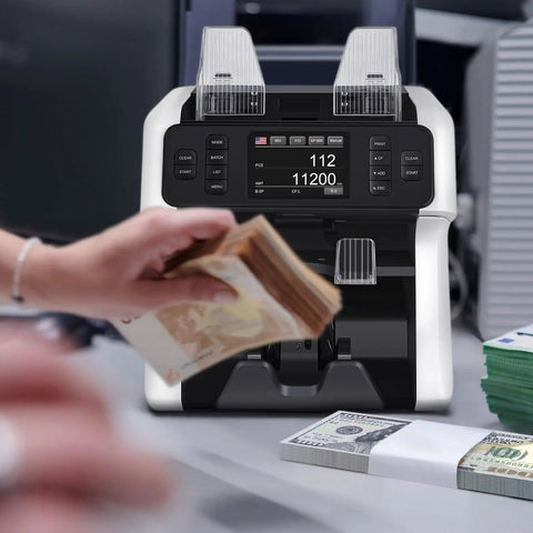 Turbocharged Money Counter Machine With Mixed Denomination Sorting And Reject Pocket, Counterfeit Detection, Multi Currency Sorter in use