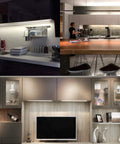 Under Cabinet LED Lights Kit 8 Pack 11 Inch Linkable Dimmable 6000K Cold White illuminating various modern kitchen and living areas