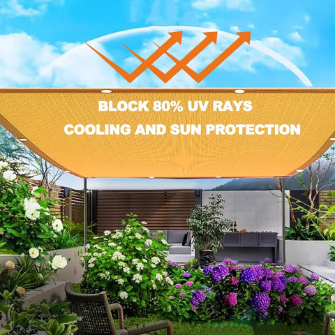 80 Percent Beige Shade Cloth With Grommets For Pergola And Patio Shade Cover, providing cooling and UV protection over a garden.
