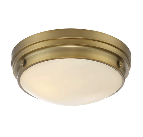 Lucerne Industrial Flush Mount Ceiling Light With White Glass Shades Two Light 120 Total Watts Warm Brass Finish