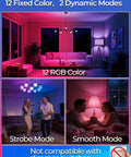 Color Changing A15 RGBW LED Bulb 40W Equivalent With Remote 12 Colors 4 Pack showing mood lighting effects in living room.