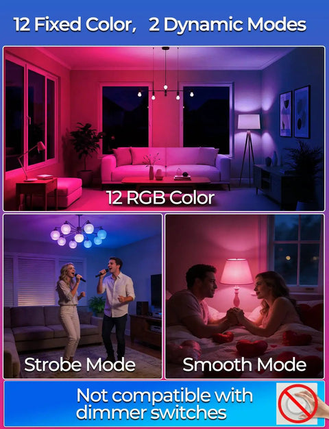 Color Changing A15 RGBW LED Bulb 40W Equivalent With Remote 12 Colors 4 Pack showing mood lighting effects in living room.